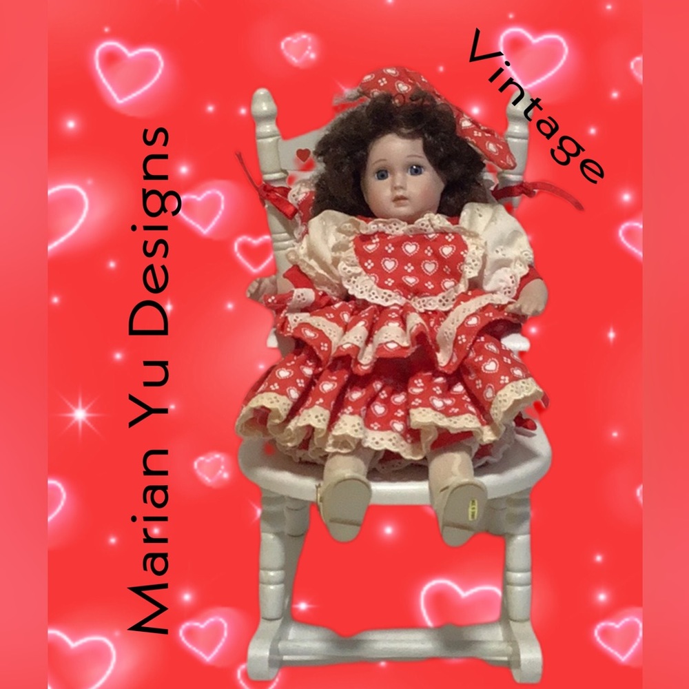 Vintage Marian Yu Designs Porcelain Doll w/Rocking Chair, Signed, 12”
